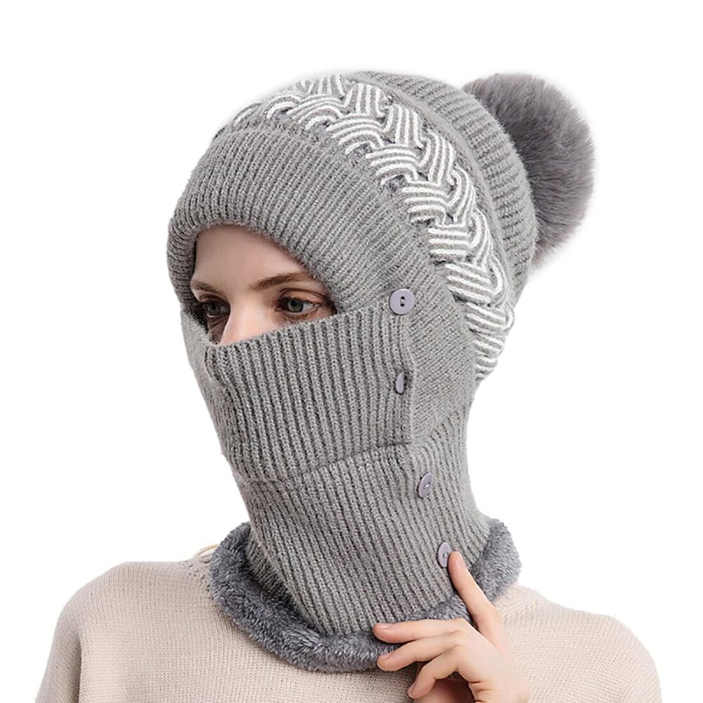 3136 Grey Winter Beanie Hat Scarf Mask Set Fleece Lined Pom Pom Knit Hat